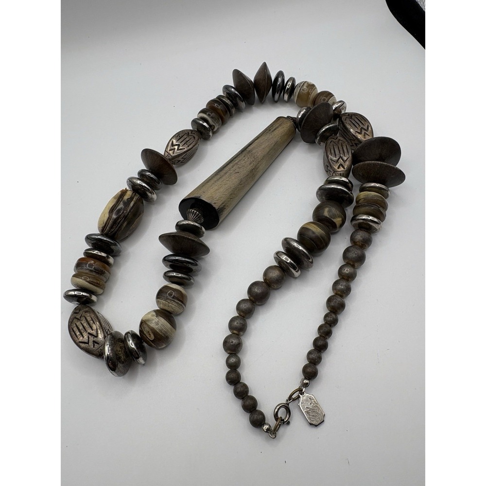 Vtg Designs By Paula Statement Necklace‎ Horn Wood Silver Toned Beads